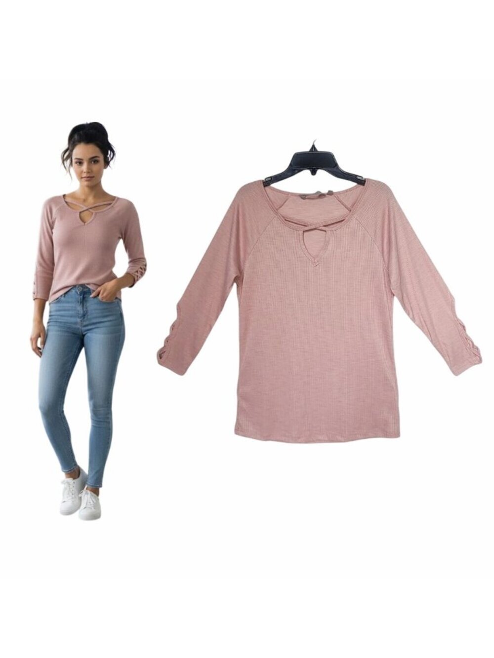 ⭐Harmony Sz S Basic Women Active top Coral Pink textured 3/4 sleeve Criss Cross